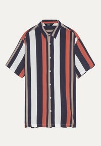 Koszula na krótki rękaw zapinana na guziki, z pionowymi paskami w kolorach granatowym, rdzawym, białym i beżowym. Lekki materiał o miękkiej fakturze i kołnierzyk.