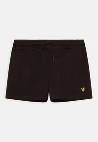 Calções pretos de algodão com uma cintura elástica e cordão ajustável. Apresentam bolsos laterais e um pequeno logótipo amarelo na parte frontal esquerda.