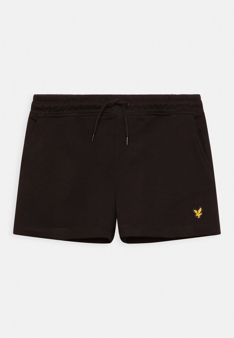 Calções pretos de algodão com uma cintura elástica e cordão ajustável. Apresentam bolsos laterais e um pequeno logótipo amarelo na parte frontal esquerda.