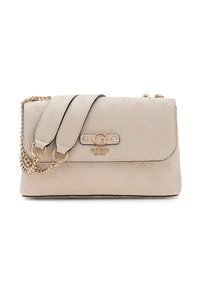 Borsa a mano in pelle sintetica beige con tracolla a catena color oro, motivo floreale in rilievo, chiusura a bottone magnetico e dettaglio con logo in metallo.