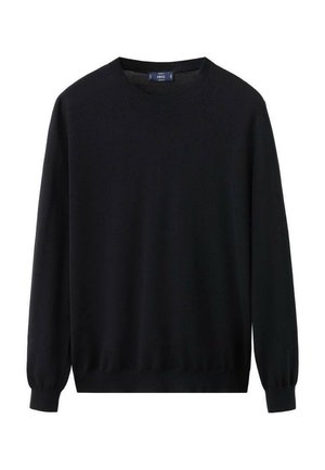Maglione nero in morbido tessuto lavorato a maglia. Presenta un collo rotondo, maniche lunghe con polsini a coste e orlo dritto. Design semplice, senza motivi.