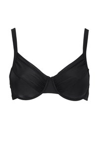 Zwarte gestructureerde beha met gladde stof, beugelondersteuning, verstelbare schouderbandjes en geplooide stiksel op het middenpaneel.