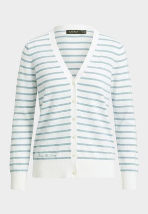 Bílý cardigan se světle modrými vodorovnými pruhy, výstřihem do V, zapínáním na knoflíky vpředu, dlouhými rukávy a žebrovanými lemy na rukávech a spodním okraji.