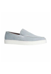 Grijze denim instap schoenen met een gladde, ronde neus en een witte rubberen zool. Bevat subtiele stiksels en een gevoerde binnenzool.
