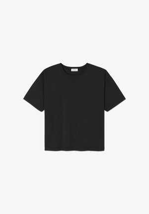 Czarny T-shirt z krótkim rękawem wykonany z bawełny, z okrągłym dekoltem i prostym dołem. Prosty i bez ozdób design.