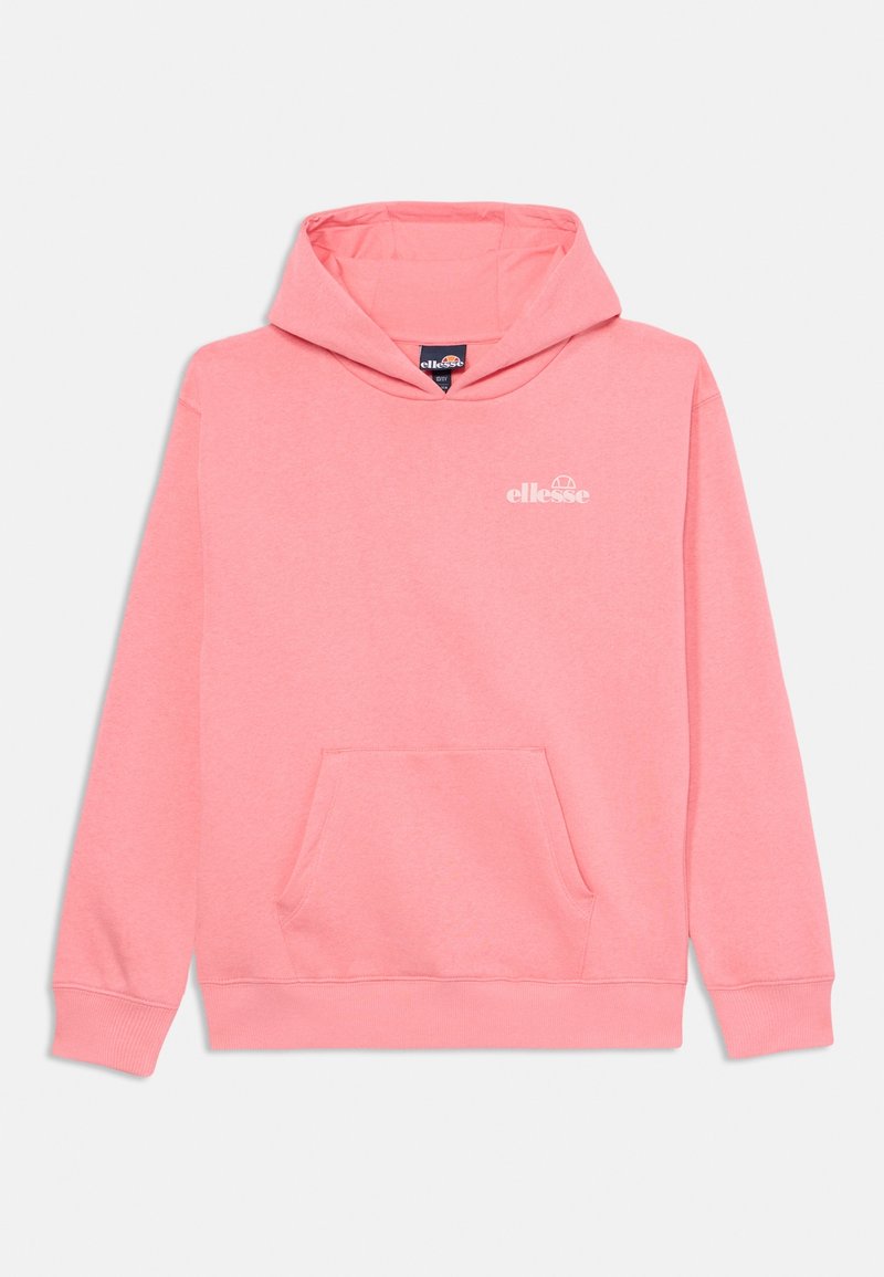 Sweat à capuche rose en tissu doux, avec une poche kangourou à l'avant et un logo sur la poitrine. Poignets et ourlet côtelés.