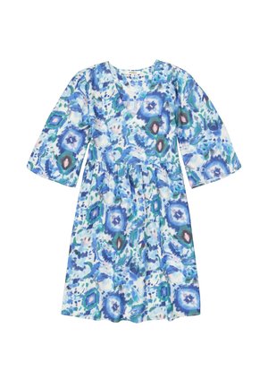 Blaues Blumenkleid aus leichtem Stoff. Es hat einen V-Ausschnitt, Dreiviertelärmel und einen elastischen Taillenbund mit einem fließenden Rock.