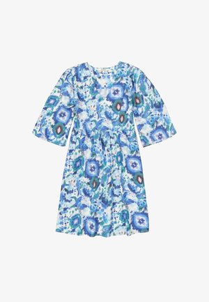 Blaues Blumenkleid aus leichtem Stoff. Es hat einen V-Ausschnitt, Dreiviertelärmel und einen elastischen Taillenbund mit einem fließenden Rock.