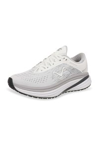 Zapatilla de running para hombre, principalmente blanca con acentos en gris claro, que presenta una parte superior de malla transpirable, superficie texturizada y una suela acolchada.