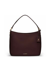 Borsa in pelle bordeaux con finitura testurizzata. Presenta una maniglia superiore, dettagli in metallo dorato e un'etichetta con logo. Design semplice e curvato.