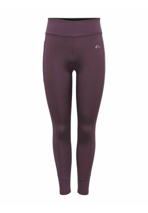 Legging de sport violet taille haute avec un petit logo réfléchissant sur le haut de la cuisse et des coutures plates sur toute la longueur des jambes.