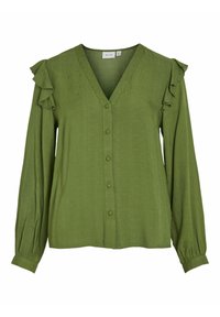 Green blouse made of textured fabric, featuring a V-neck, full sleeves with ruffled accents, and button front closure.