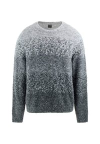 Maglione grigio lavorato a maglia con un motivo a gradiente, dotato di scollatura rotonda, maniche lunghe e una texture morbida e soffice, che sfuma dal grigio chiaro al grigio scuro.