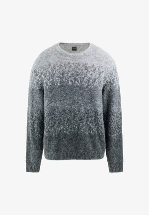 Szürke kötött pulóver, gradiens mintázattal, kerek nyakkivágással, hosszú ujjakkal és puha, bolyhos textúrával, amely világosszürkéből sötétszürkébe fokozatosan átmenetet képez.