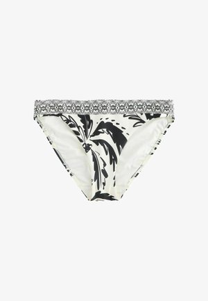 Musta-valkoinen bikinihousu, jossa on kukkakuvio, kuvioitu kuminauha ja sileä kangas sekä istuva malli.