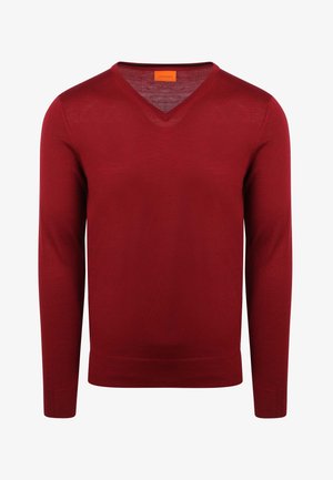Rode v-hals trui gemaakt van een zachte, lichtgewicht gebreide stof, voorzien van lange mouwen en een geribbelde tailleband en manchetten.