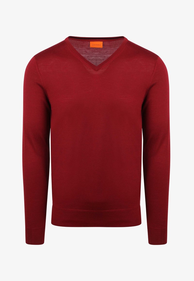 Roter V-Ausschnitt-Pullover aus weichem, leichtem Strickmaterial, mit langen Ärmeln sowie geripptem Bund und Ärmelbündchen.