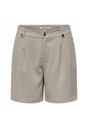 Beige skræddersyede dame-shorts med frontplisser, knapdetaljer på taljebånd og lukning med knap i midten.