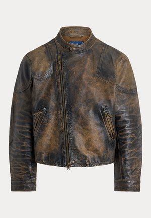 Veste de motard en cuir marron vieilli avec fermeture éclair asymétrique à l'avant, poches latérales zippées et col pressionné.