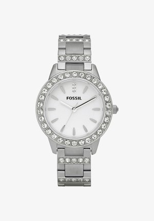 Montre-bracelet Fossil argentée avec une lunette et un bracelet ornés de cristaux, cadran blanc, index argentés et trois aiguilles indiquant 10:10:36.