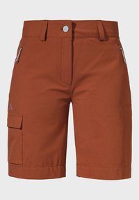 Herren Cargo-Shorts aus rostorangefarbenem Stoff, mit flachem Bund, zwei Reißverschlusstaschen und einer seitlichen Cargo-Tasche mit Klappe.