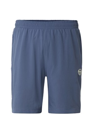 Blå atletiske shorts med elastisk midjebånd og sidelommer, med en liten rund logo på høyre ben.