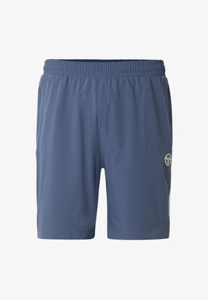 Sinised sportlikud lühikesed püksid elastse vöökohaga ja küljetaskutega, parempoolsel jalal väike ümmargune logo.