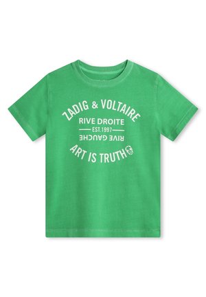 Grøn kortærmet T-shirt med hvid tekst, der siger Zadig & Voltaire, Rive Droite Est. 1997, Rive Gauche og Art Is Truth med et lille kranieikon.