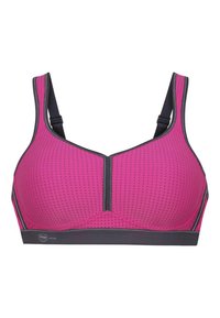 Różowy stanik sportowy z wzorzystą teksturą, kontrastującymi szarymi wykończeniami i zapięciem na zamek z przodu. Regulowane paski zapewniające dopasowanie i wsparcie.