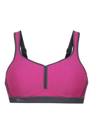 Rosa Sport-BH mit gemustertem Material, kontrastierendem grauem Saum und Reißverschluss vorne. Verstellbare Träger für optimalen Sitz und Unterstützung.