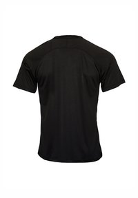 Sort kortærmet sports T-shirt, glat stof, rund hals, almindelig pasform, ensfarvet, ingen synlige logoer eller mønstre på ryggen.