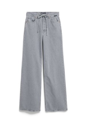 Hellgraue Jeans mit weitem Bein aus strukturiertem Denim. Verfügt über eine hohe Taille mit Bindegürtel und Fronttaschen. Lässige Passform mit geraden Beinen.