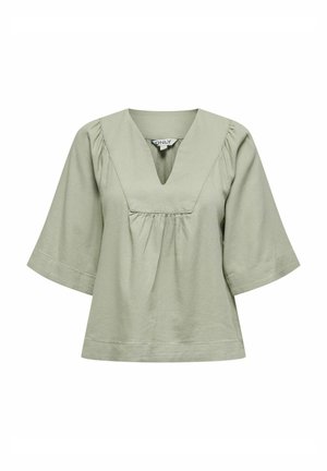 Light green blouse with a V-neck, short sleeves, and gathered detail at the waist. Made from soft fabric, featuring a relaxed fit.