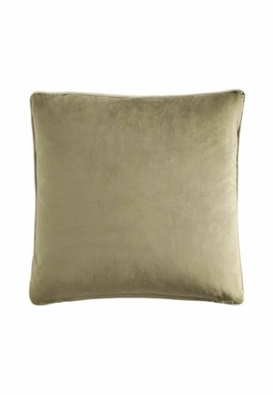 Square olive green velvet cushion with soft texture and subtle piping along the edges on a white background.