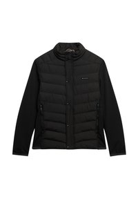 Veste noire rembourrée avec des manches longues, zip et boutons-pression, deux poches avant zippées, et un petit logo sur la poitrine.