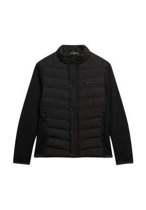Giubbotto imbottito nero con maniche lunghe, zip e bottoni a pressione, due tasche frontali con zip e un piccolo logo sul petto.