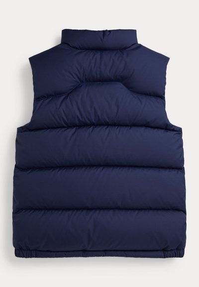 Gilet imbottito blu navy senza maniche con collo alto e trapuntatura orizzontale, visto da dietro su sfondo semplice.