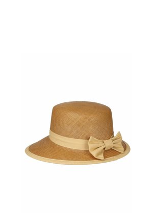 Brown woven sunhat with wide brim, beige trim, and a beige bow ribbon on the side.