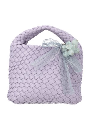 Lavendelkleurige geweven handtas met gevlochten handvat, versierd met een doorschijnend kanten lint en een cluster van lichtgroene kralen.