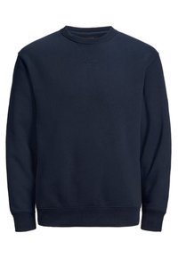 Sweatshirt bleu marine en tissu doux, avec un col rond, des poignets côtelés et une coupe décontractée avec des détails de couture minimaux.