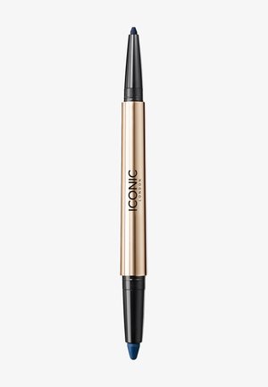 Dual-ended eyeliner in gold and black casing. One tip is black, the other features a dark blue retractable pencil.