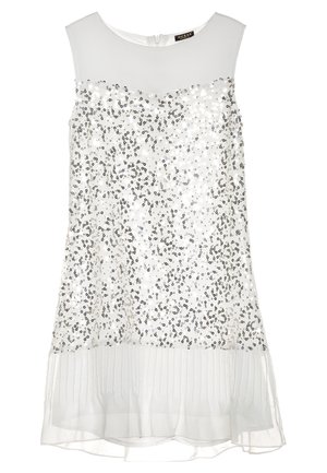 Biała sukienka bez rękawów z cekinową ozdobą na gorsecie, przezroczystym plisowanym dołem i okrągłym dekoltem. Zapięcie na zamek z tyłu.