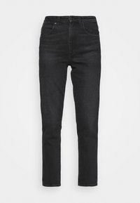 Svarta jeans i denim med hög midja och rak passform. Har fem fickor, bälteshällor och en slät yta. Enkel design, utan detaljer.