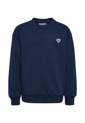 Marineblauwe sweatshirt van zachte stof, met een ronde hals, lange mouwen, geribde manchetten en een klein wit logo geborduurd op de borst.