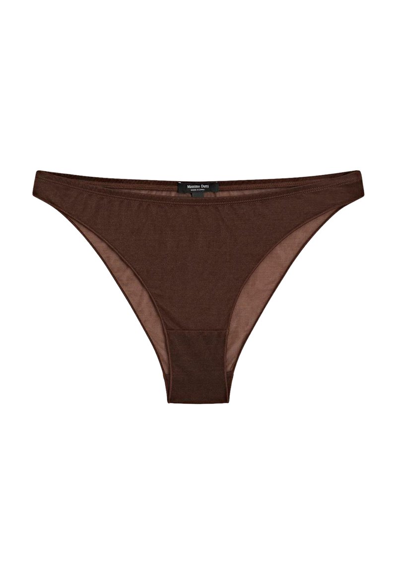Brun bomuldsstrømpebånd med tynde stropper, sømløst design og elastisk talje. Glat tekstur, der tilbyder en minimalistisk æstetik.