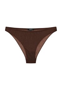 Tanga in cotone marrone con spalline sottili, design senza cuciture e vita elasticizzata. Texture liscia, che offre un'estetica minimalista.