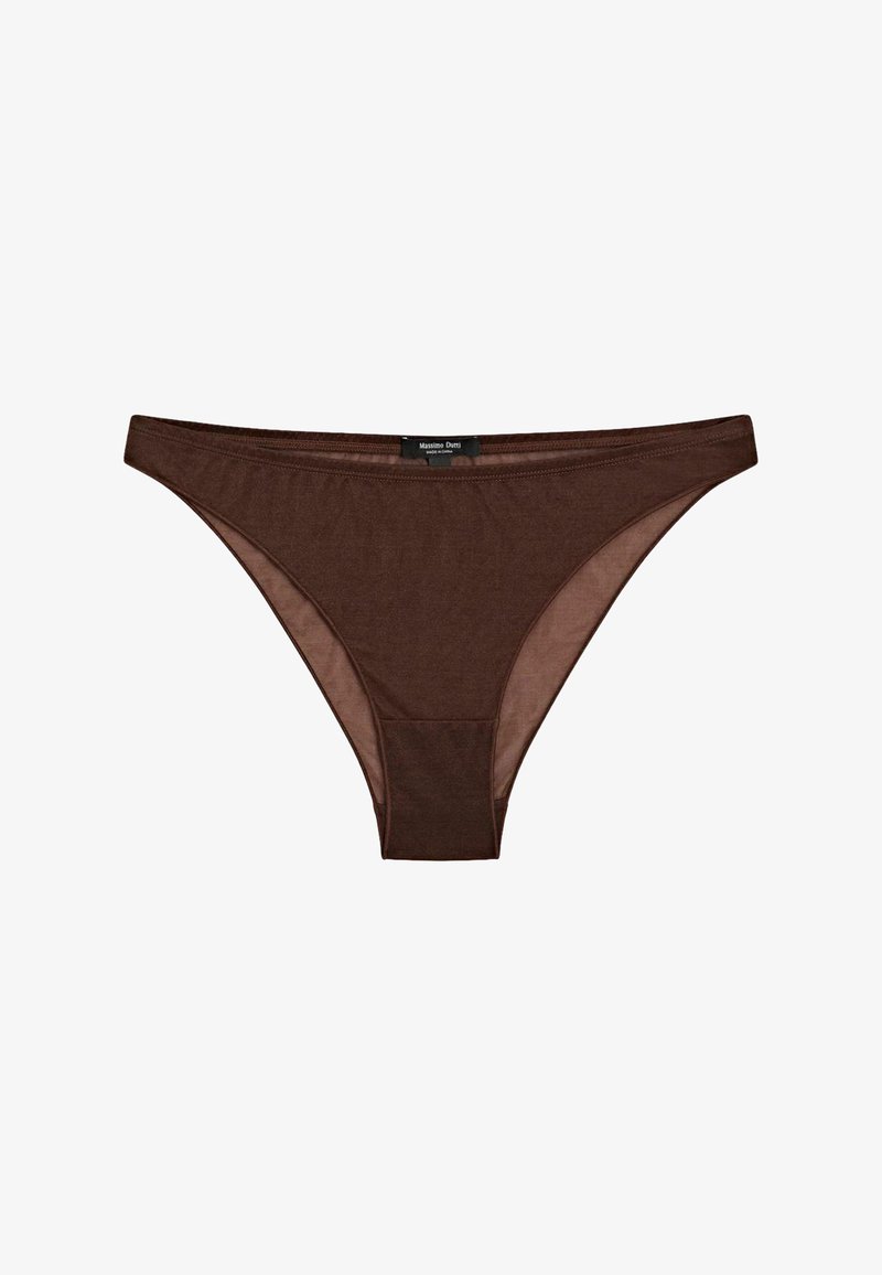 Tanga in cotone marrone con spalline sottili, design senza cuciture e vita elasticizzata. Texture liscia, che offre un'estetica minimalista.