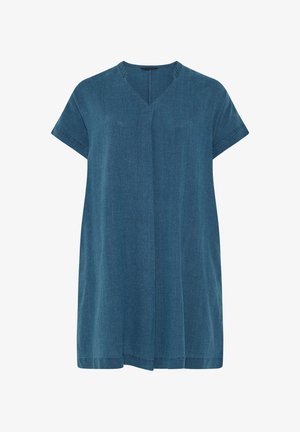 Locker sitzende blaue Tunika mit kurzen Ärmeln, V-Ausschnitt und strukturiertem Stoff, entworfen für den Freizeitgebrauch.