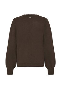 Smeđi pleteni džemper s okruglim izrezom, širokim balon rukavima te rebrastim manžetama i rubom. Jednostavan dizajn s teksturiranom završnom obradom.