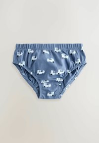Culotte en coton bleu pour garçons avec une taille élastique. Présente un motif de camions de glace bleu clair sur un fond bleu.
